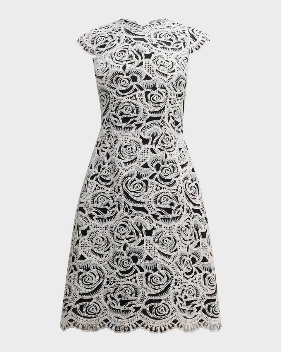 Cap-Sleeve Floral Lace Midi Dress